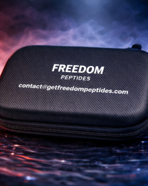 Closed black Freedom Peptides research vial storage case